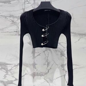Black Ribbed Long Sleeve Top with Unique Closure